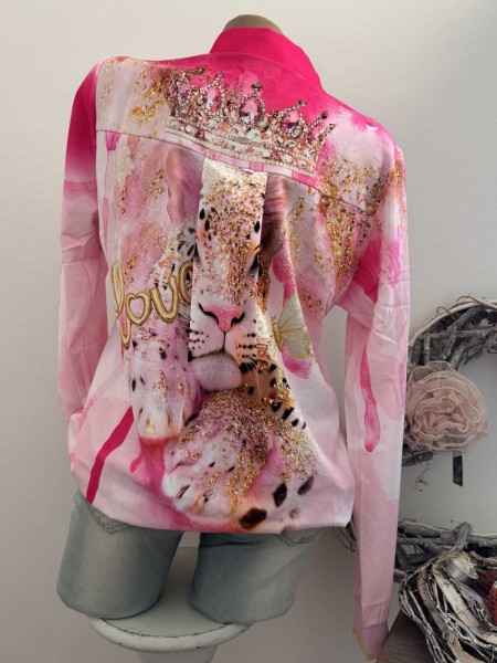 MISSY Bluse XL 42 Hemdbluse rosa/pink Tiger mit Krone seitlich Bindebändchen Knopfleiste Neu Glitzer