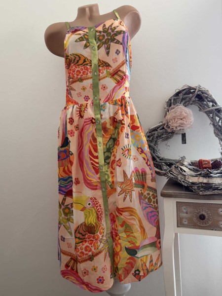 Kleid MISSY S 36 Trägerkleid Sommerkleid Knopfleiste Glitzer grün/bunt Tropicalprint Neu
