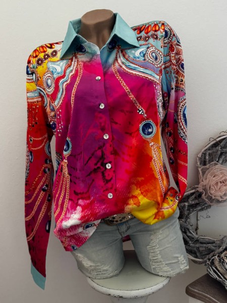 MISSY Bluse M 38 Hemdbluse pink bunt Gliederkettchen Print Neu Glitzer Steinchen