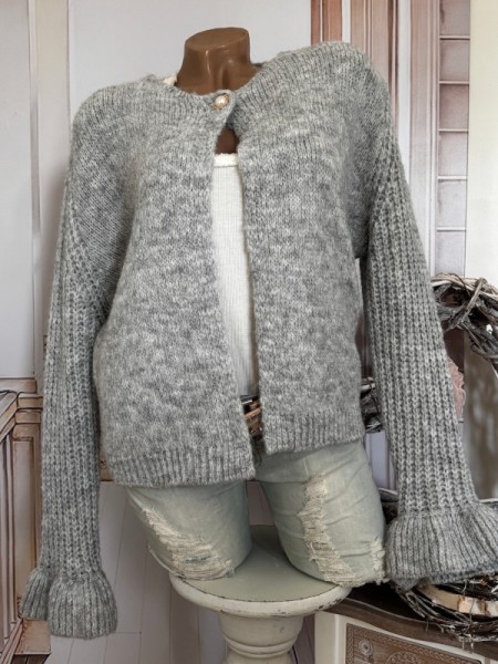 Cardigan Strickjacke grau 38-42 Cardigan Rüschensaum 1-Knopf Verschluss NEU