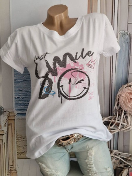 Baumwolle T-Shirt Tunika Made in Italy Rundhals Nieten Just Smile schwarz rosa Graffiti 36-40