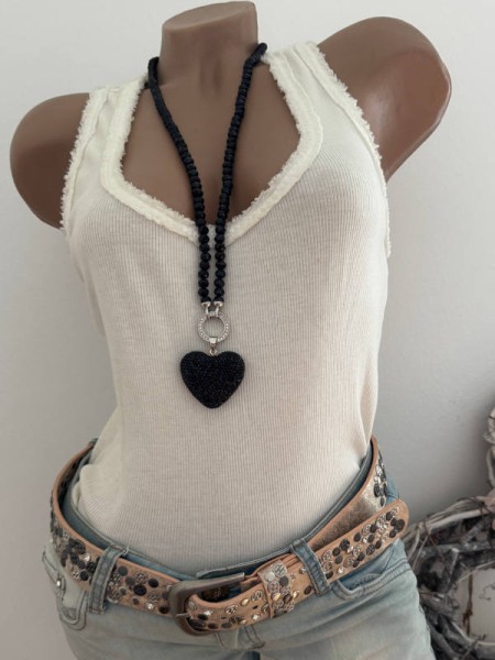 VARIO Halskette lang schwarze Kristallperlen Kette mit Strass Glitzer 3D "HERZ " Anhänger Neu