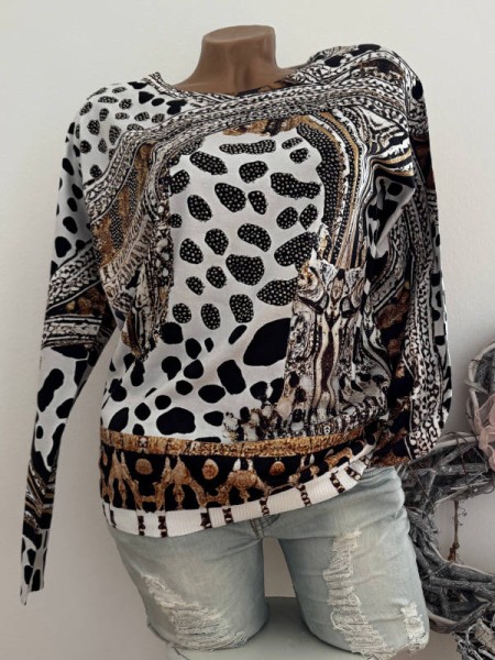 MISSY Feinstrick Pulli L/XL 40 42 Pullover Rundhalspulli weiss schwarz Goldton Leo Neu Glitzernieten