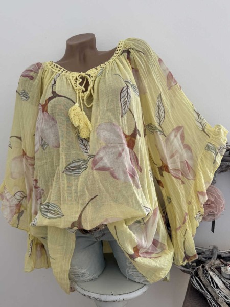 Tunika Bluse gelb floral weite Ärmel Bindebändchen 38-48 Made in Italy Neu