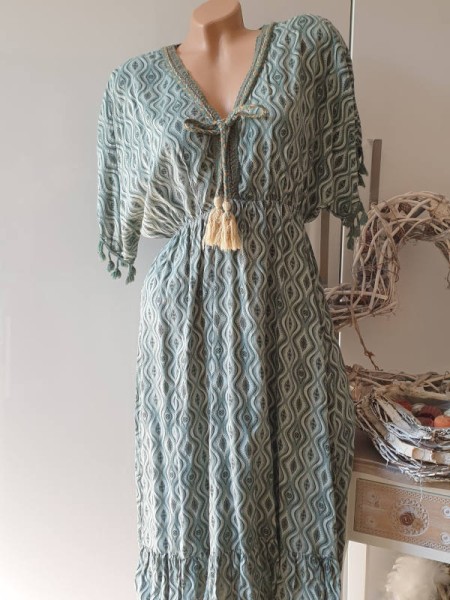 Empirekleid oliv grün Made in Italy Hängerchen Kleid Troddeln Bommeln Onesize 36-40 Tunika Viskose