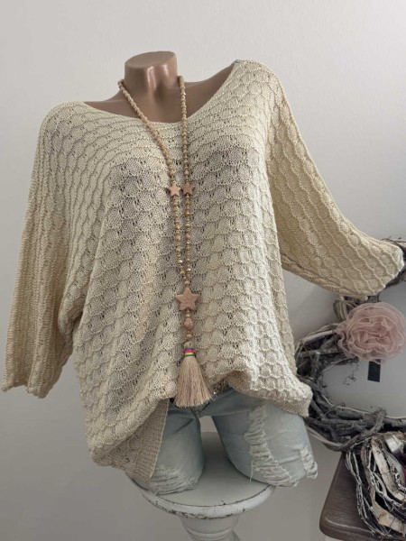 Leichter Pullover Tunika beige Made in Italy 38-42 3/4 Ärmel