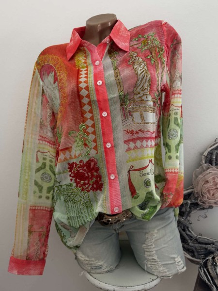 MISSY Tunika L 40 Bluse Langarm Antiker Print Neu Glitzersteinchen ausgefallene Mode