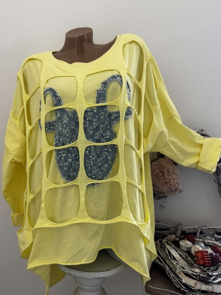 Baumwolle Longsleeve Tunika 40-44 gelb cut outs Glitzer Mouse Comic Made in Italy