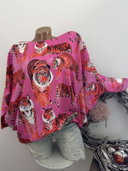 MISSY Feinstrick Fledermauspulli Pullover pink All over Tiger Print Glitzernieten Onesize 38-44