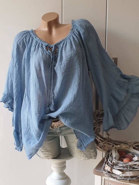 jeansblau leichte Baumwolle Oversize Tunika Bluse Made in Italy weite Ärmel Bindebändchen 38-48