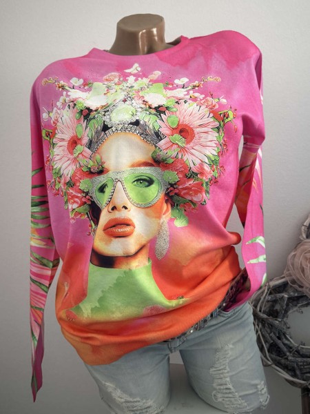 MISSY Pullover Neu M/L 38 40 Feinstrickpulli pink bunt Face/Flower Fashion Glitzer Nieten