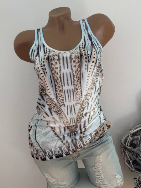 MISSY L 40 Trägertop Top Longtop Tribe Muster Glitzer Nieten Neu