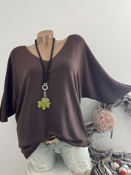 Tunika Glattstrick braun Pullover Oversized Italy 38-42 Fledermausarm 1/2 Arm