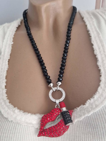 Kette kurz Strass Lips & Lippenstift "WECHSELANHÄNGER" viel Glitzer schwarze Glitzer Glasperlen Hals