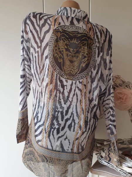 MISSY Bluse Hemdbluse S 36 Animal Tiger Kettchen Print Tunika zum knöpfen NEU