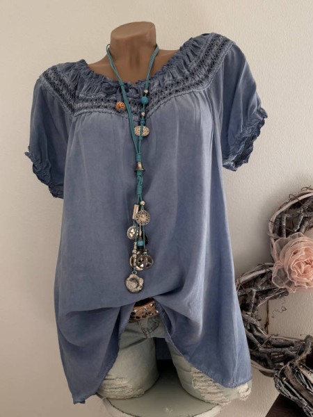 Tunika blau Carmen Bluse 40-44 Viskose luftig Off Shoulder Italy