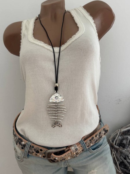 lange Halskette Kette FISCHGRÄTE Anhänger Gräten beweglich silber/schwarz Schmuck Kette