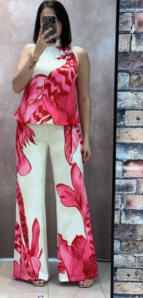 MISSY XL 42 Tunika Neckholdertop Top Ballonform Saumende Gummizug pink/weiss Steinchen hinten zum bi