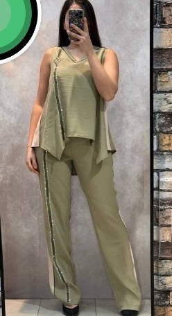 M 38 MISSY 2tlg Hose und ärmellose zipfelige Tunika oliv grün Neu Glitzersteinchen