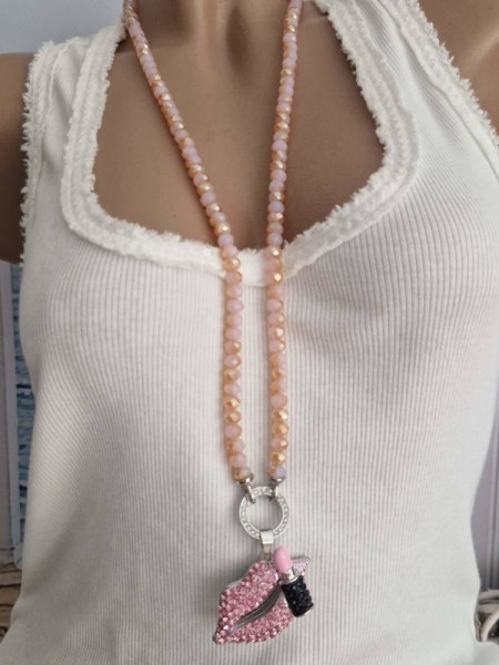 Glasperlenkette Strass Lips & Lippenstift "Wechselanhänger" Halskette Kette Strass lang rosa rosé Gl