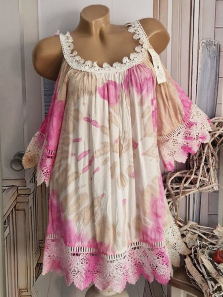 Long Tunika Kleid Italy 36-42 offene Schultern Made in Italy NEU beige pink weiss