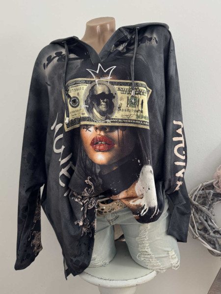 MISSY Tunika 38-46 Tunnelzug Kapuze Hoodie Money Graffiti Face Print Neu Glitzernieten