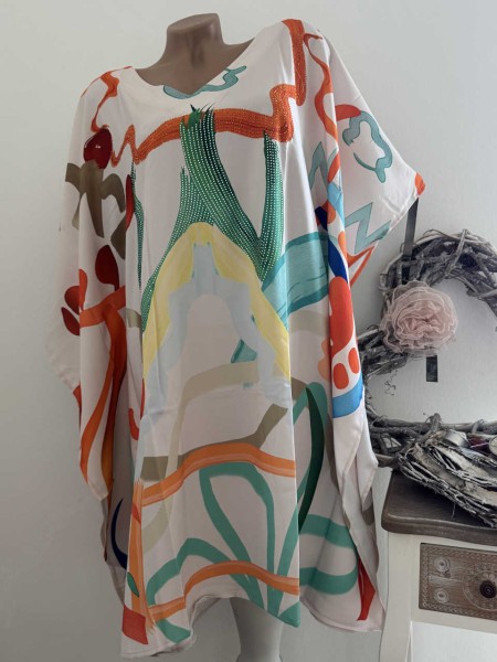 Kleid MISSY Onesize 38-42 weite Ärmel Tunika Kaftankleid orange bunt gemustert NEU Glitzer Nieten