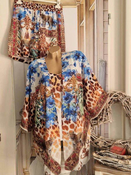 MISSY 3Teiler M 38 Tunnelzug Shorts/ Hose Top und Cardigan Jacke Tiger blau Ornamente Glitzer Neu
