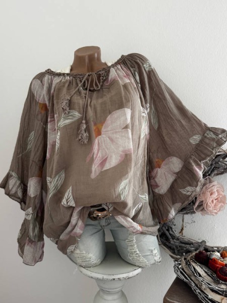 weite Ärmel braun floral Tunika Bluse 38-48 Baumwolle Made in Italy