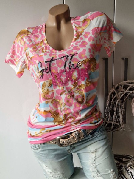 MISSY L 40 Tunika Shirt T-Shirt V-Neck Candy bunt Glitzer Nieten NEU Letterprint