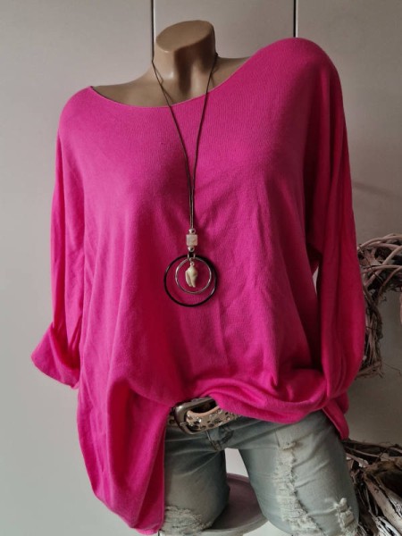 Flauschige Tunika 2tlg pink 40-44 Made in Italy Pullover mit Kette NEU