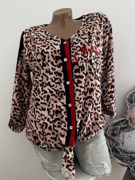 MISSY S 36 Bluse Hemdbluse Tunika Leo mit rot und schwarz Chaos Glitzer Nieten NEU