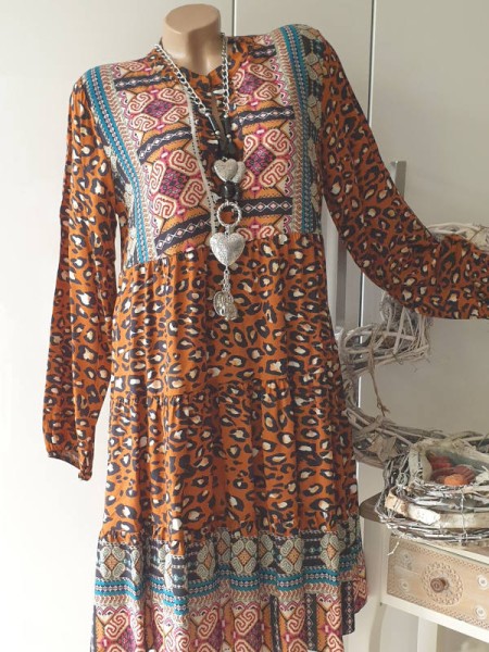 Tunikakleid Made in Italy Tunika Hängerchen 36-40 Dress Kleid Langarm rost leo gemustert