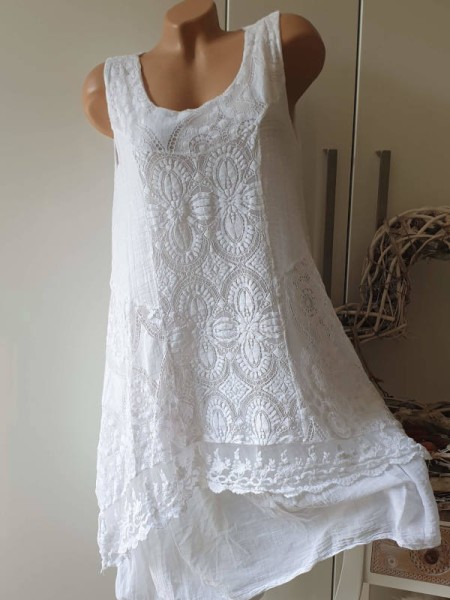 Tunika Kleid 2-lagig Stufenkleid Dress weiss Made in Italy Lagenlook Stickerei Spitze Musselin 38-42