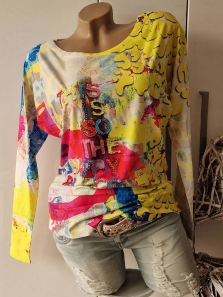 MISSY M 38 buntes Tunika Longsleeve Shirt Ärmel überschnitten Glitzer Nieten Strass Steine