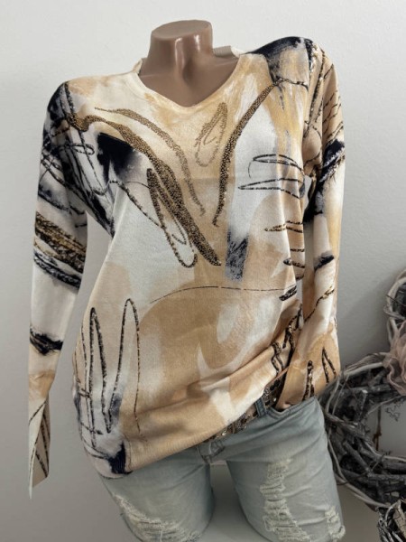 MISSY Pulli Pullover M/L 38 40 beige weiss grau Abstakt Neu Glitzer Nieten