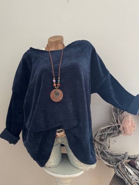 2tlg Cord Tunika nachtblau mit Kette Made in Italy 40-44 NEU Pullover