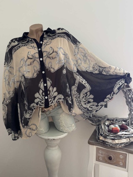Onesize MISSY Hemdbluse Bluse Tunika Fledermausarm 38-46 Ornamente beige schwarz Print Neu Glitzer