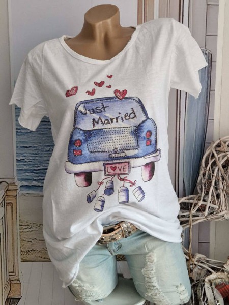 Shirt T-Shirt Tunika frisch verheiratet just married Schriftzug 36-40 Neu Nieten Made in Italy Glitz