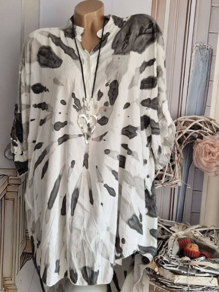 Long Tunika Hemdblusekleid Kleid 40-46 V-Neck Made in Italy beige grau gemustert NEU