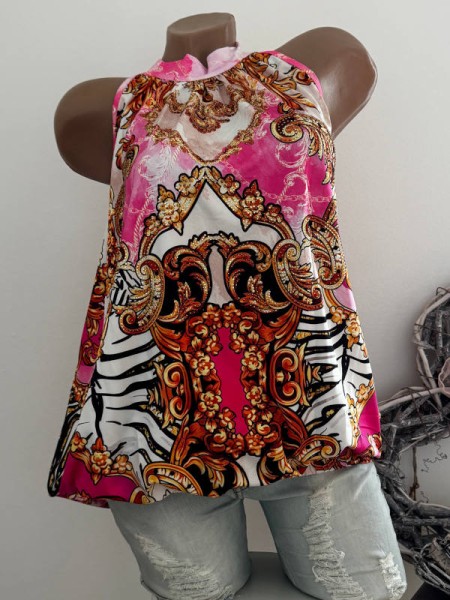 MISSY Top Tunika S 36 Ballonform Saumende Gummizug pink bunt gemustert Glitzer hinten zum binden