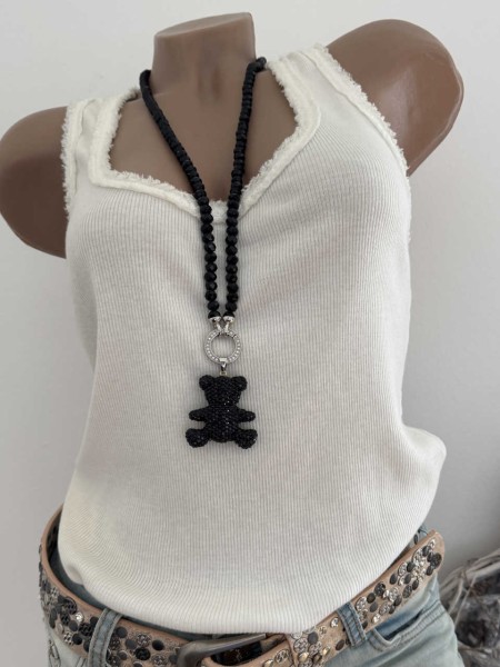 VARIO Halskette lang schwarze Kristallperlen Kette mit Strass Glitzer 3D "BÄRCHEN " Anhänger Neu