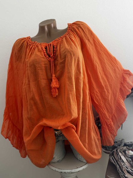 Tunika Bluse orange weite Ärmel Bindebändchen 38-48 Made in Italy Neu