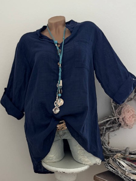 dunkelblau Made in Italy Tunika Bluse Hemdbluse 38-44 Musselin Leinenoptik