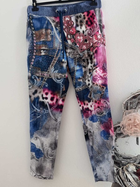 Hose MISSY L 40 Joggpants Jeans pink Leo Kettchen Print Glitzernieten Neu