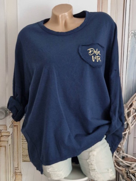 Vokuhila Longsleeve Tunika Shirt dunkelblau 38-42 Patch Herz Made in Italy