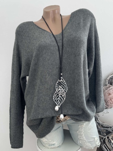 V-Neck Flausch Pullover Pulli grüngrau 40-44 Neu Tunika Made in Italy