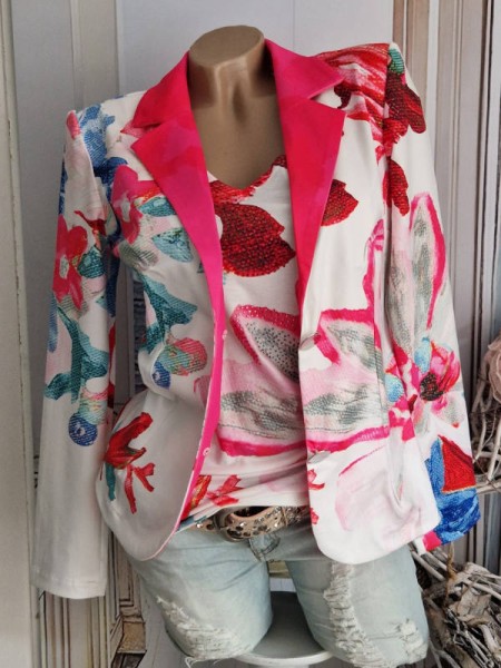 Blazer XL 42 Kurzblazer MISSY 2 Knopf Jackett weiss knalliges pink floral bunt Glitzer Nieten