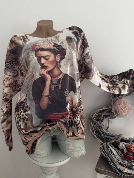 Longsleeve Feinstrick Tunika bunt Romantik Frieda Motiv 40-44 Made in Italy