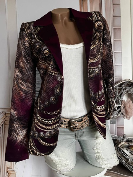 MISSY XL 42 Blazer Kurzblazer dunkles lila Snakeprint Kettchen/Goldton Glitzer Nieten Neu